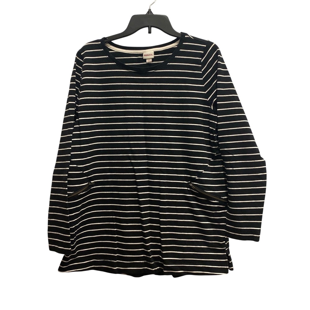 Merona‎ Womens XXL Black White Striped Long Sleeve Tunic Top Zipper Pockets